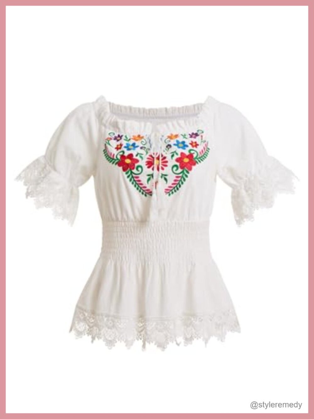 Mexican Embroidered Off Shoulder Lace Up Cotton Blouse